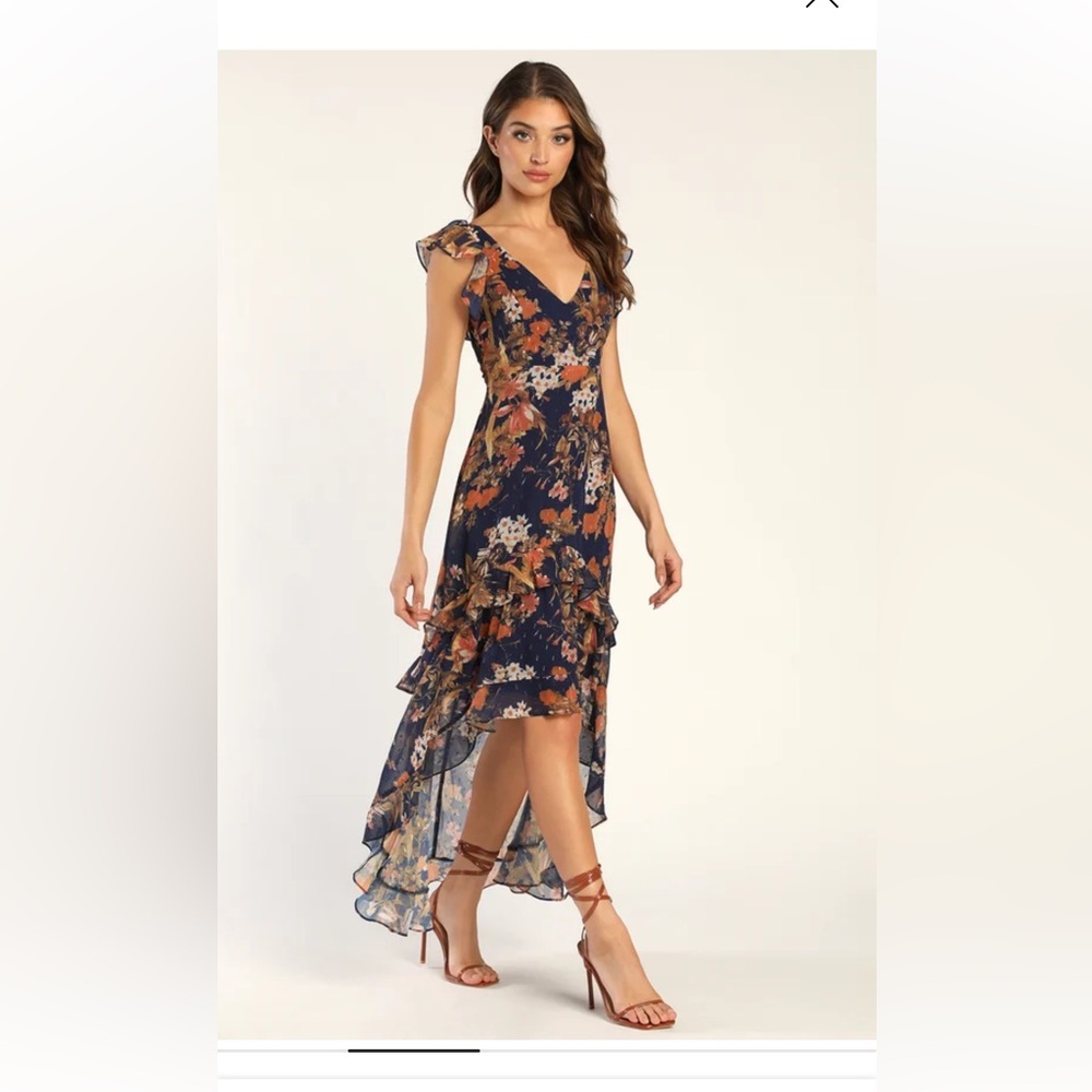 NWT Stunning Favorite Navy Blue Floral Ruffled High-Low Maxi Dress
Lulus M